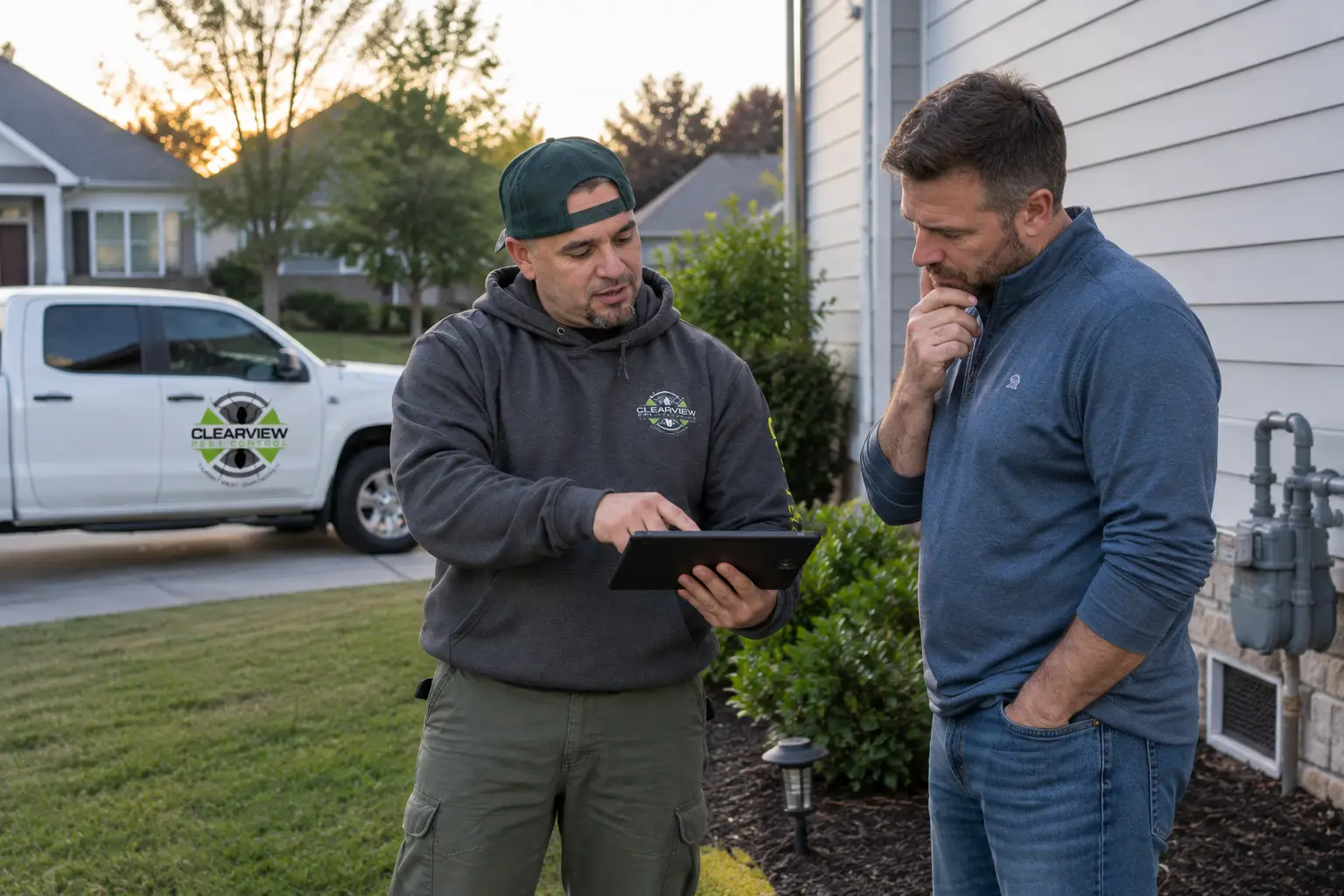 Clearview Pest Control technician walking a homeowner through his service plan